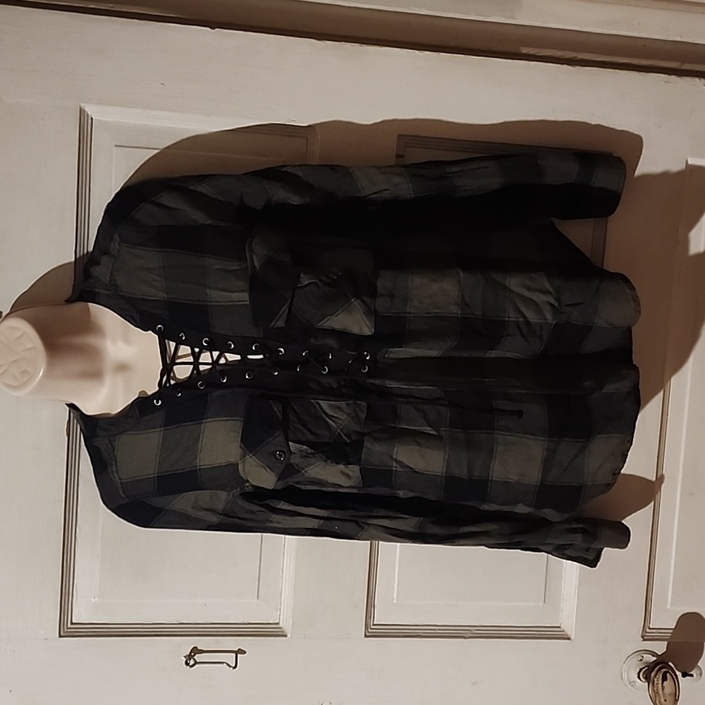 Express Long Sleeve Plaid Lace Up Top XS